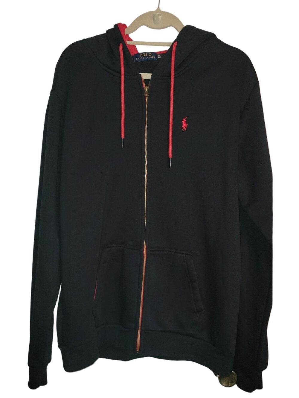 POLO BY RALPH LAUREN Black Full Zip-Up Hoodie with Red Accents 2XL Great Cond